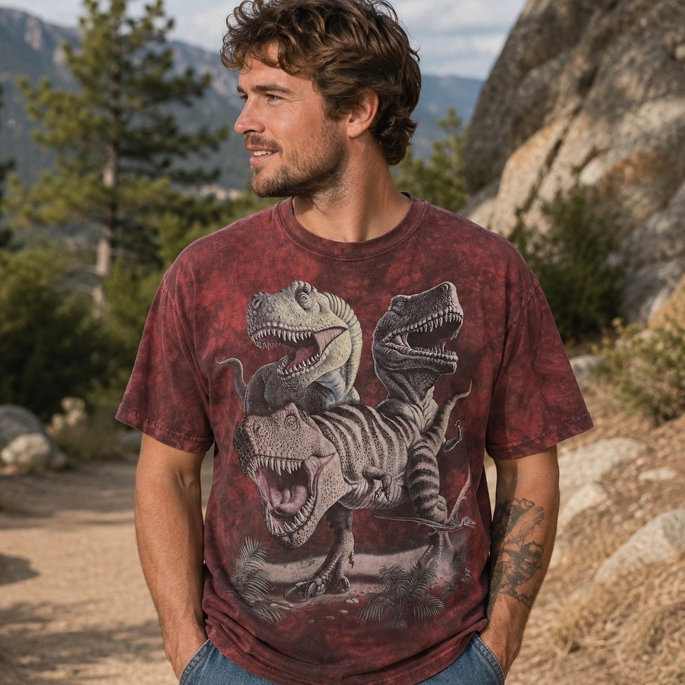 The Mountain Tyrannosaurus Rex Dinosaur Red Tie-Dye T-Shirt Novelty Fun L